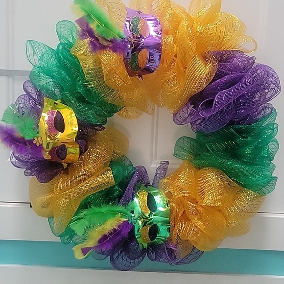 Other - Mardi Gras wreath with lights Purple. Green Gold large wreath Handmade NWOT new